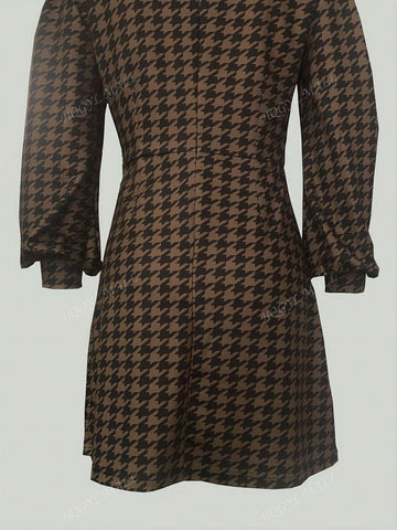 Fashionable Houndstooth Print Mock Neck Lantern Sleeve Dress