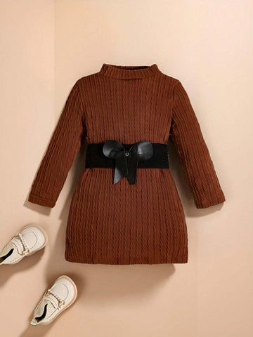 Fashionable Jacquard Half High Collar Solid Color Dress With Belt For Girls