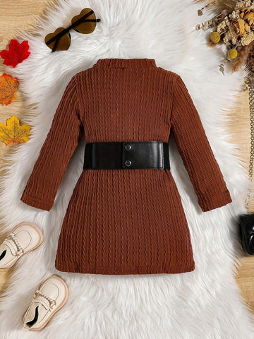 Fashionable Jacquard Half High Collar Solid Color Dress With Belt For Girls
