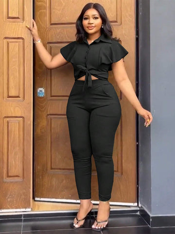 Fashionable Lapel Cardigan Ruffle Sleeve Shirt Elegant Women\ 2-Piece Set With Pocket Slim Fit Long Pants Casual Sports Suit