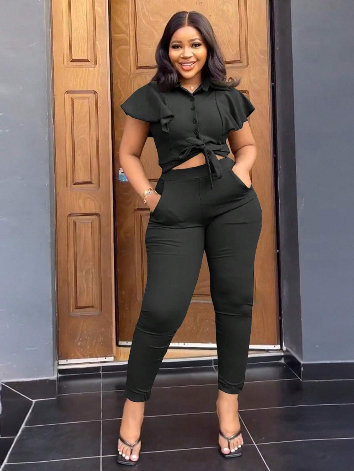 Fashionable Lapel Cardigan Ruffle Sleeve Shirt Elegant Women\ 2-Piece Set With Pocket Slim Fit Long Pants Casual Sports Suit