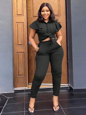 Fashionable Lapel Cardigan Ruffle Sleeve Shirt Elegant Women\ 2-Piece Set With Pocket Slim Fit Long Pants Casual Sports Suit