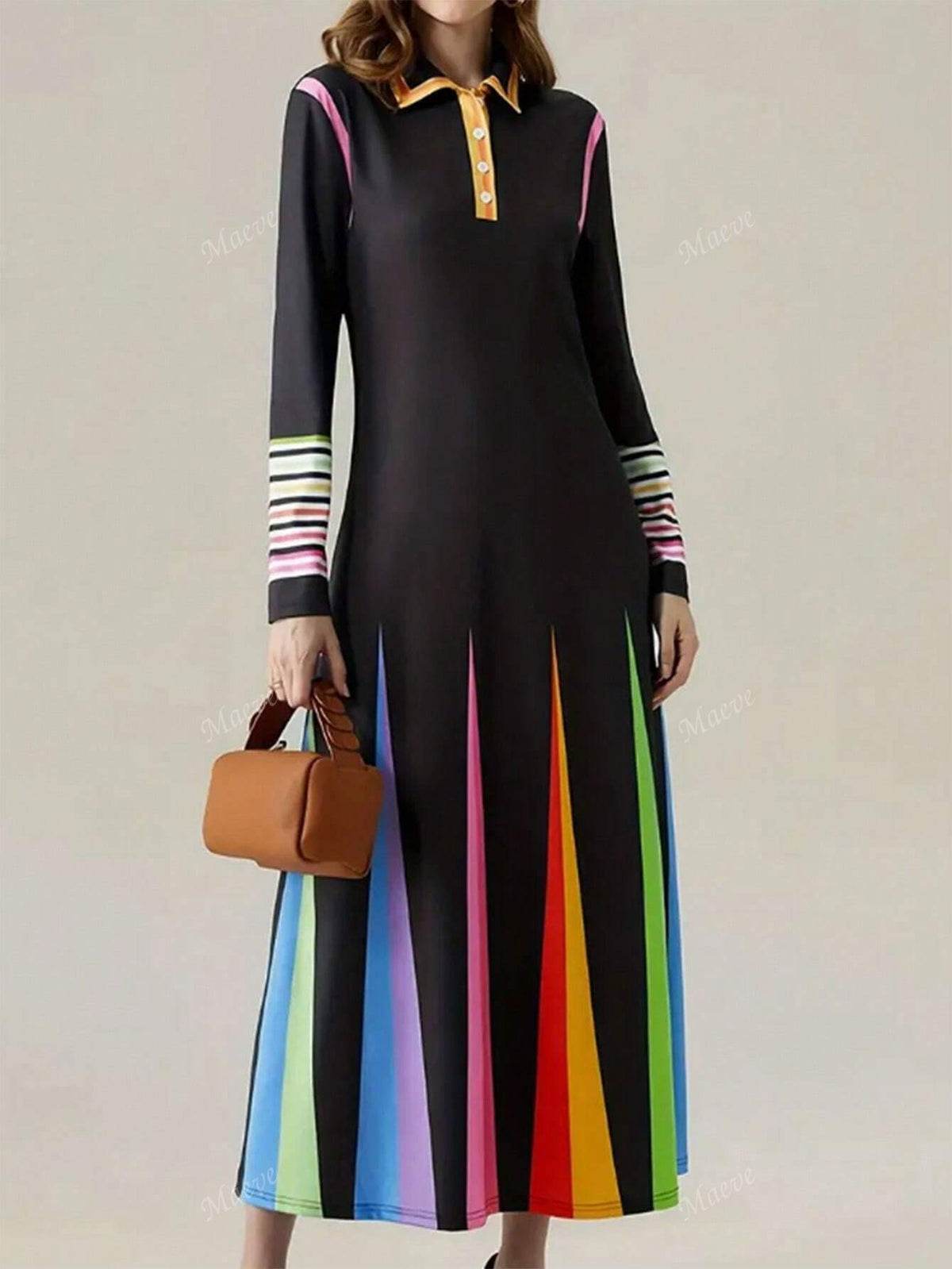 Fashionable Long Sleeve Fitted Contrast Color Flare Midi Dress