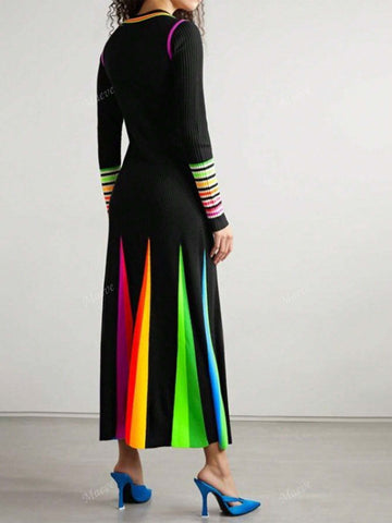 Fashionable Long Sleeve Fitted Contrast Color Flare Midi Dress