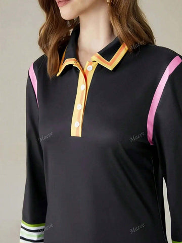 Fashionable Long Sleeve Fitted Contrast Color Flare Midi Dress
