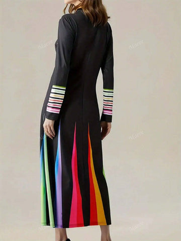 Fashionable Long Sleeve Fitted Contrast Color Flare Midi Dress