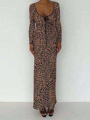 Fashionable Long Sleeve Leopard Print Dress With Backless And Tie-Up Design