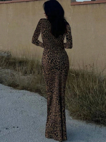 Fashionable Long Sleeve Leopard Print Dress With Backless And Tie-Up Design