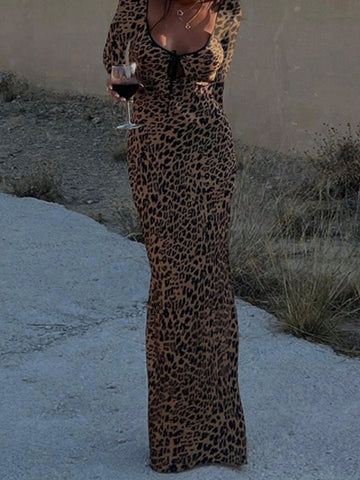 Fashionable Long Sleeve Leopard Print Dress With Backless And Tie-Up Design