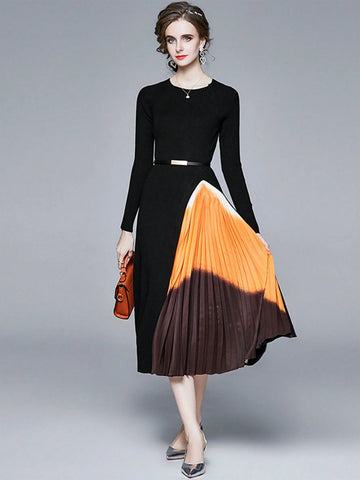 Fashionable Luxurious Knitted Ombre Pleated Fitted Waist Empire Waist Dress