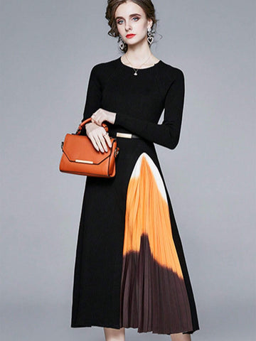 Fashionable Luxurious Knitted Ombre Pleated Fitted Waist Empire Waist Dress