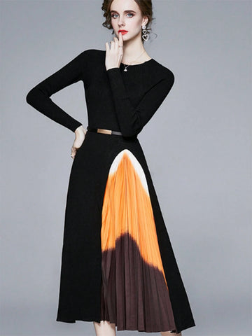 Fashionable Luxurious Knitted Ombre Pleated Fitted Waist Empire Waist Dress