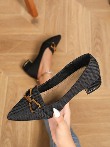 Fashionable Mary Jane Loafers With Pointed Toe, Thick Heels, And Metal Buckle, Versatile And Comfortable Women's Shoes