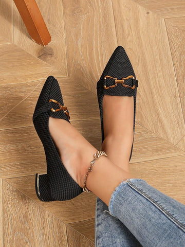 Fashionable Mary Jane Loafers With Pointed Toe, Thick Heels, And Metal Buckle, Versatile And Comfortable Women's Shoes