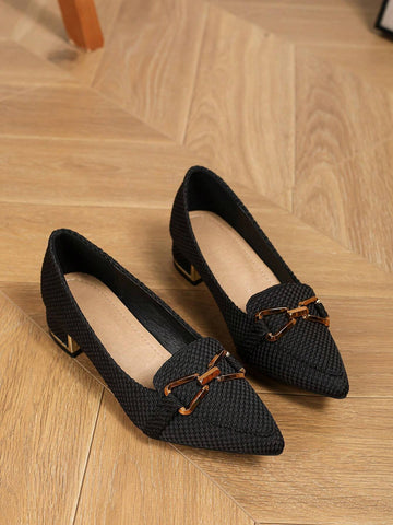 Fashionable Mary Jane Loafers With Pointed Toe, Thick Heels, And Metal Buckle, Versatile And Comfortable Women's Shoes