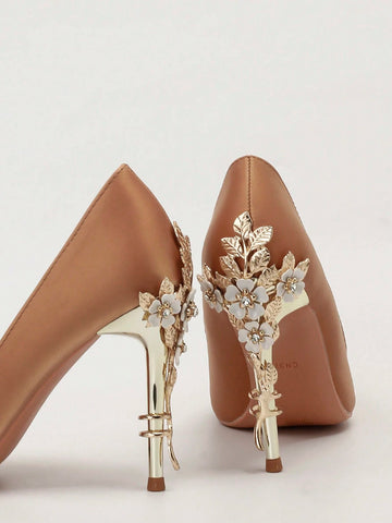 Fashionable Metallic Floral Stiletto High Heel Pointed Toe Women Pumps, Luxury Sexy