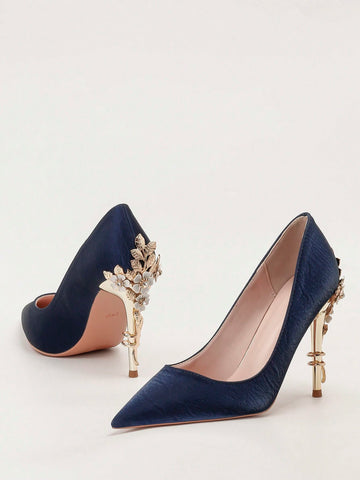 Fashionable Metallic Floral Stilettos High Heels, Luxury Sexy Women's Pointed Toe Wedding Shoes