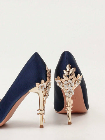 Fashionable Metallic Floral Stilettos High Heels, Luxury Sexy Women's Pointed Toe Wedding Shoes