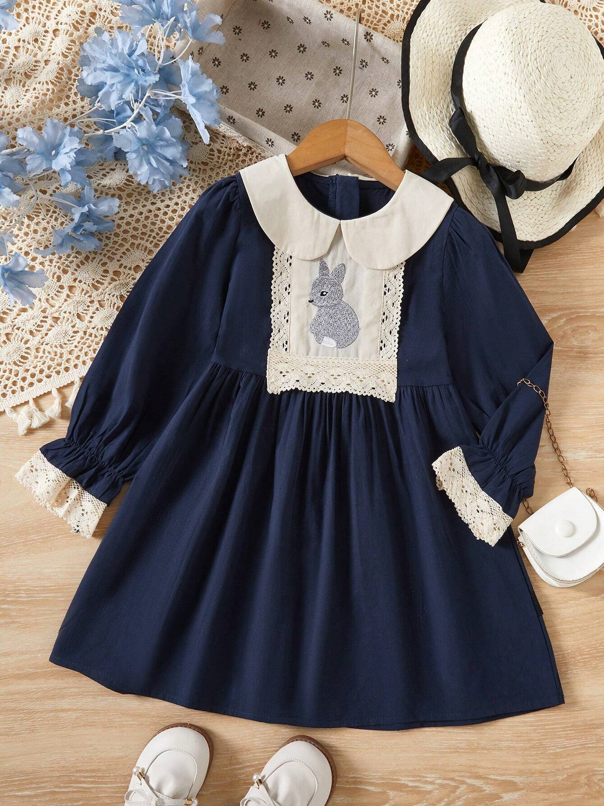 Fashionable New Style Girls" Long Sleeve Dress With Doll Collar And Rabbit Embroidery