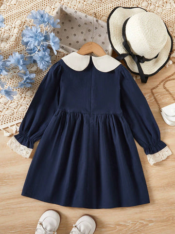 Fashionable New Style Girls" Long Sleeve Dress With Doll Collar And Rabbit Embroidery