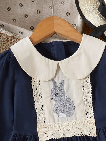 Fashionable New Style Girls" Long Sleeve Dress With Doll Collar And Rabbit Embroidery