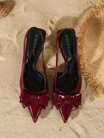 Fashionable Patent Leather Backstrap Pointed Toe Bow Tie Decor Ladies High Heels