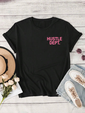 Fashionable Pattern & Letter Printed T-Shirt, Cute Cartoon Short Sleeve Round Neck Blouse, Casual Daily Top