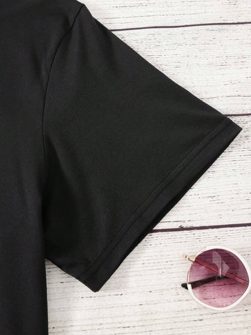 Fashionable Pattern & Letter Printed T-Shirt, Cute Cartoon Short Sleeve Round Neck Blouse, Casual Daily Top