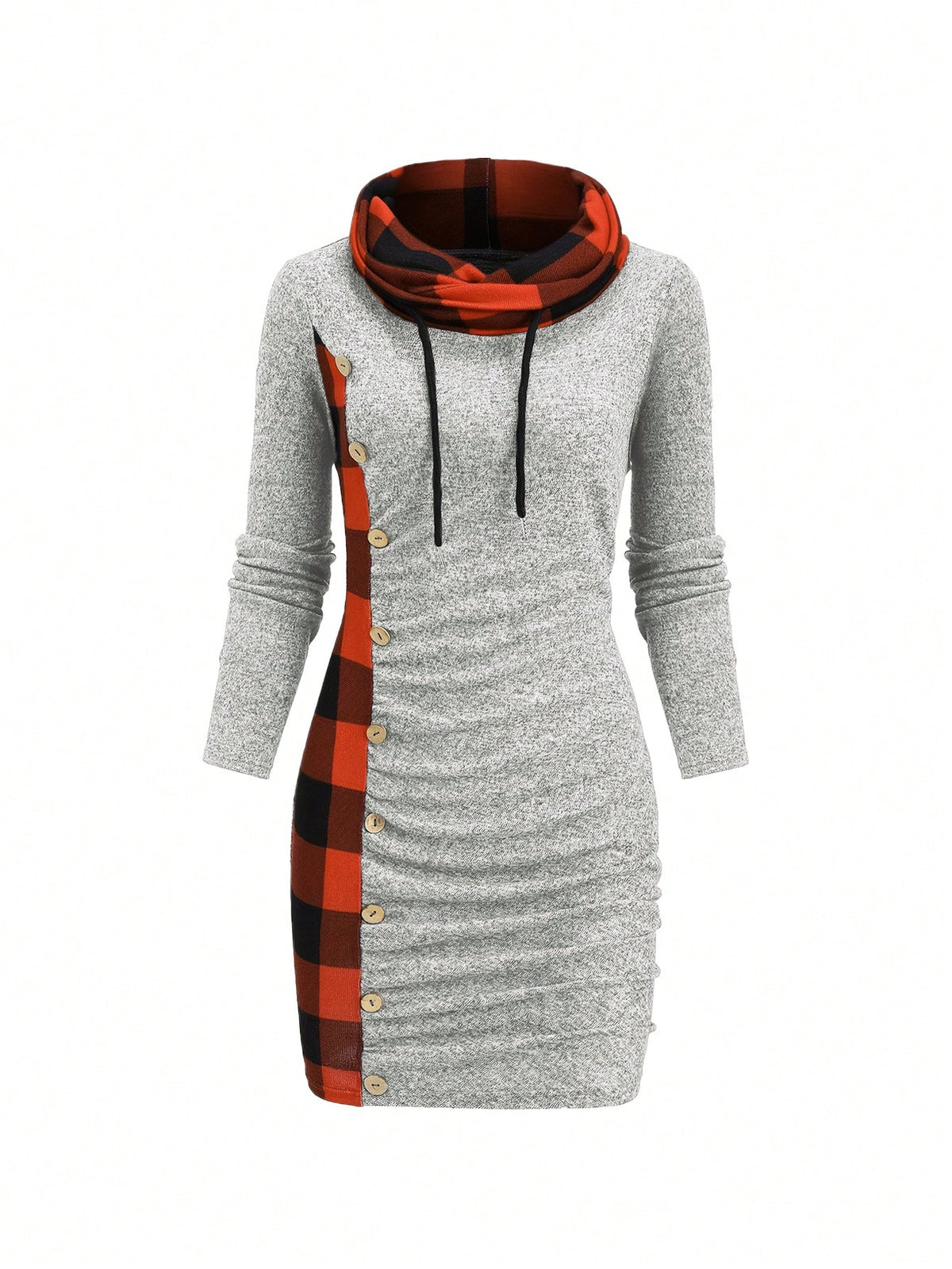 Fashionable Plaid Patchwork Button Decor Dress