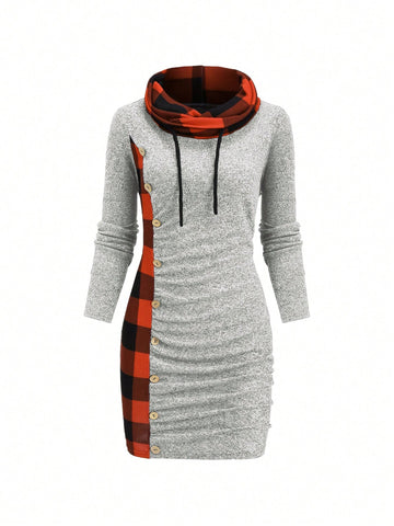 Fashionable Plaid Patchwork Button Decor Dress