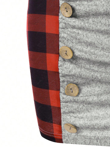 Fashionable Plaid Patchwork Button Decor Dress