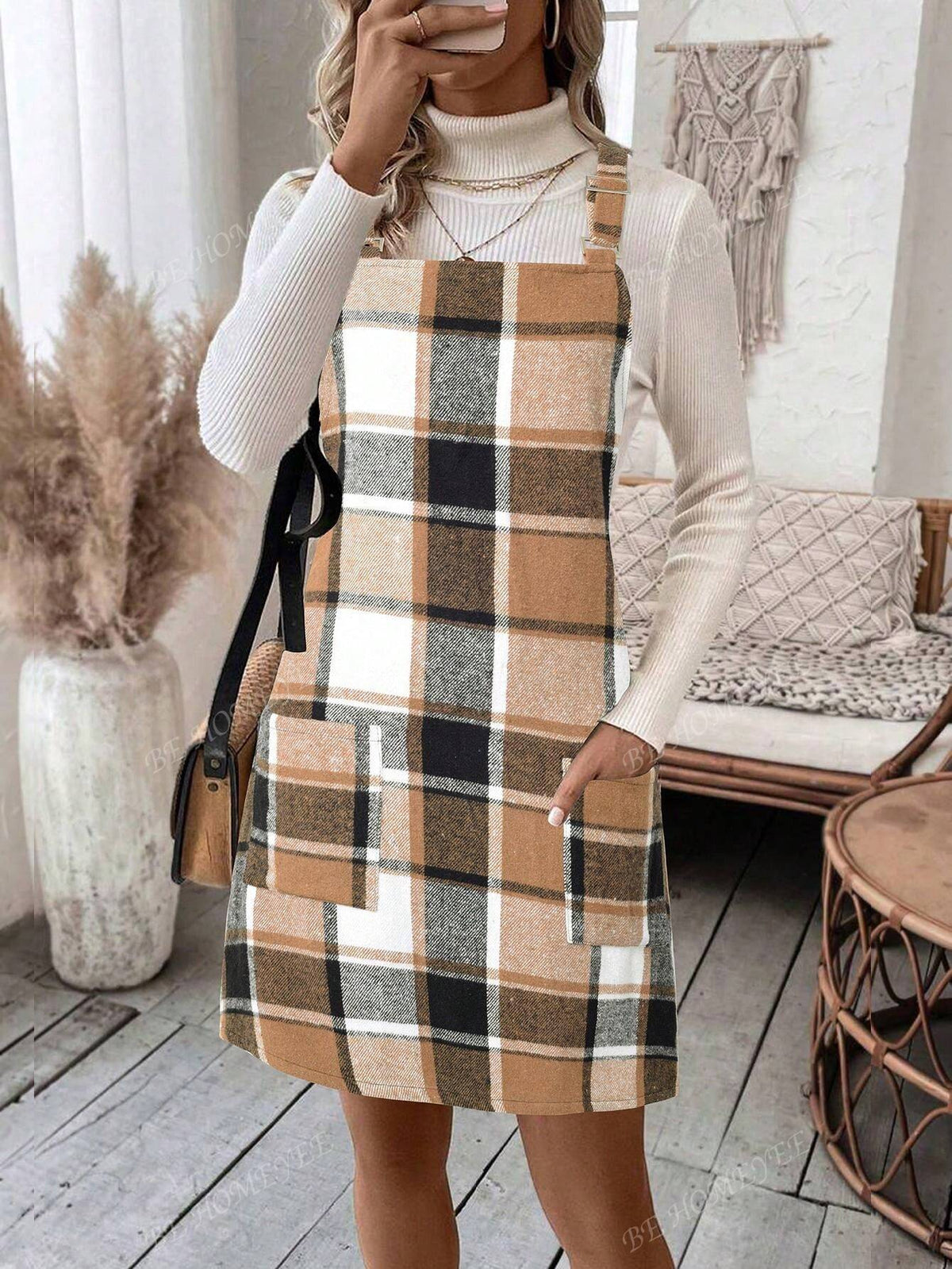 Fashionable Plaid Suspender Adjustable Buckle Casual Overall Dress