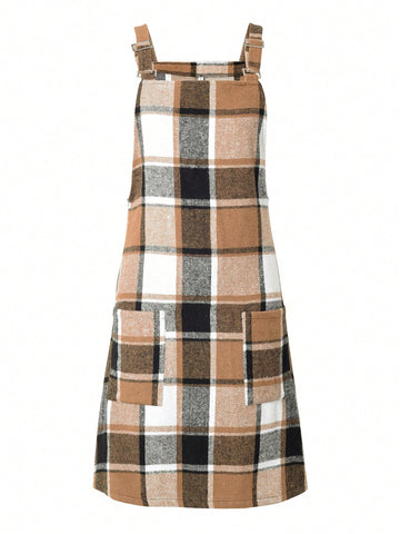 Fashionable Plaid Suspender Adjustable Buckle Casual Overall Dress