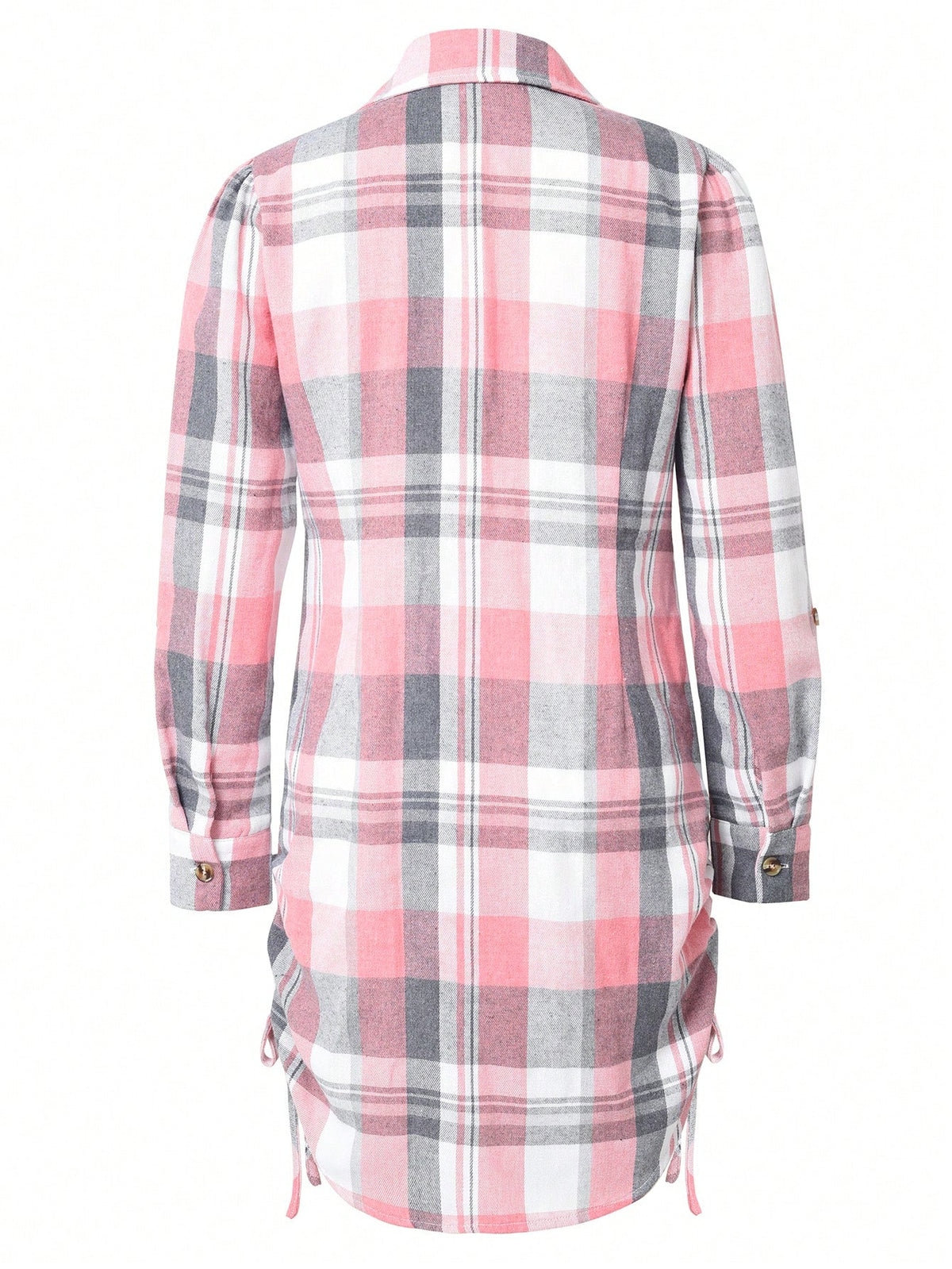 Fashionable Pleated Faux Drawstring Plaid Collar Button Up Waist Long Sleeve Dress