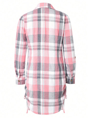 Fashionable Pleated Faux Drawstring Plaid Collar Button Up Waist Long Sleeve Dress