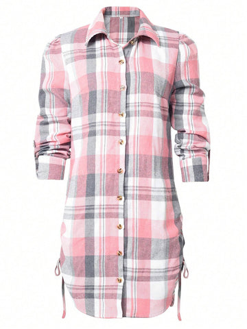 Fashionable Pleated Faux Drawstring Plaid Collar Button Up Waist Long Sleeve Dress