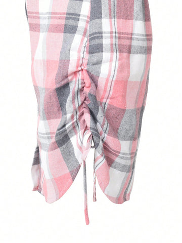 Fashionable Pleated Faux Drawstring Plaid Collar Button Up Waist Long Sleeve Dress