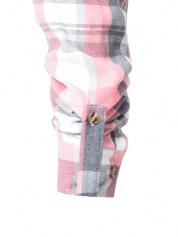 Fashionable Pleated Faux Drawstring Plaid Collar Button Up Waist Long Sleeve Dress