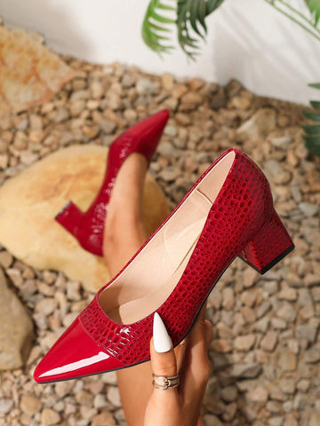 Fashionable Pointed-Toe Chunky Heel Pumps, Sexy Stitching Design, New 2024