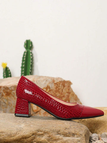 Fashionable Pointed-Toe Chunky Heel Pumps, Sexy Stitching Design, New 2024