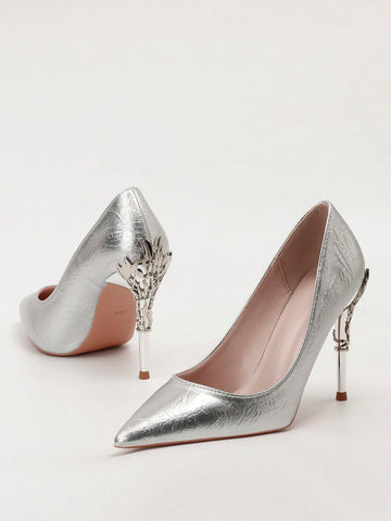 Fashionable Pointed Toe Super High Heel Sandals, Metallic Floral Cutout Design,