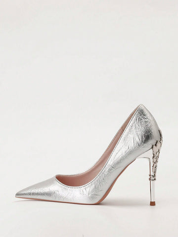 Fashionable Pointed Toe Super High Heel Sandals, Metallic Floral Cutout Design,