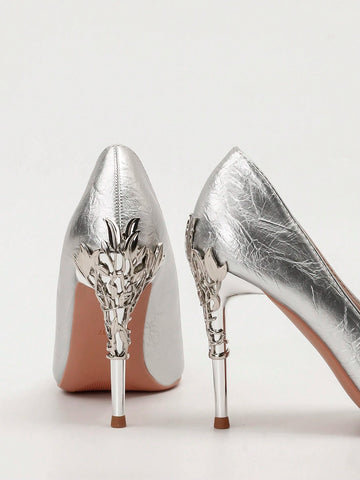 Fashionable Pointed Toe Super High Heel Sandals, Metallic Floral Cutout Design,