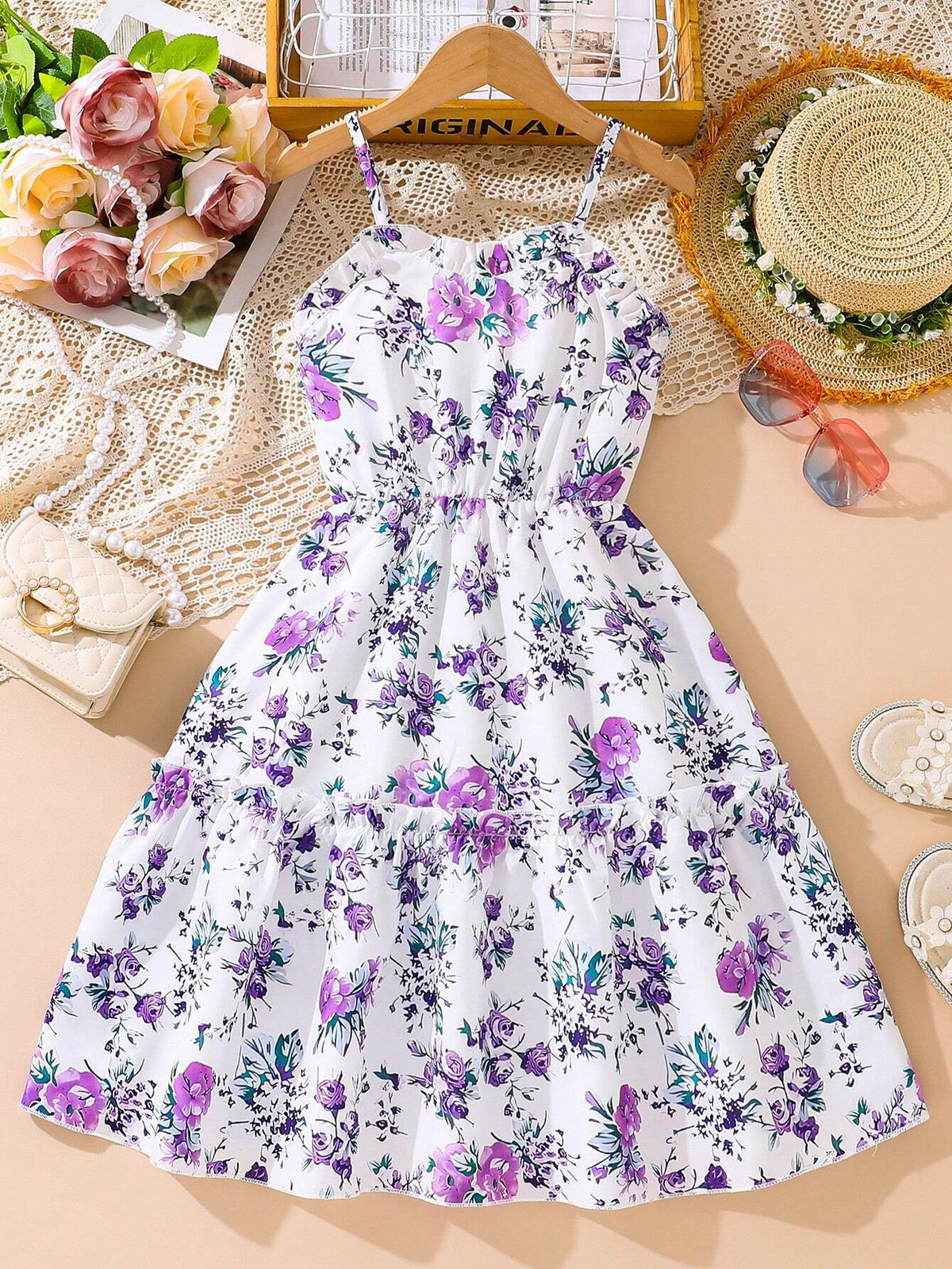 Fashionable Purple Flower Patterned Young Girls' Spaghetti Strap Dress With Ruffled Hem For Summer Vacation