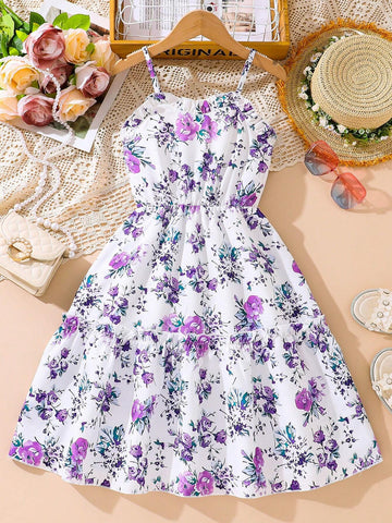 Fashionable Purple Flower Patterned Young Girls' Spaghetti Strap Dress With Ruffled Hem For Summer Vacation