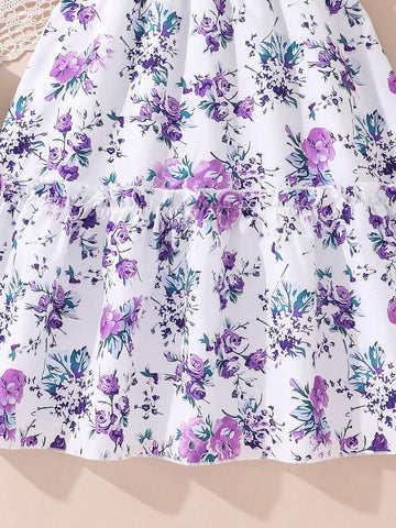 Fashionable Purple Flower Patterned Young Girls' Spaghetti Strap Dress With Ruffled Hem For Summer Vacation