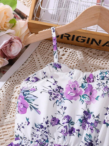 Fashionable Purple Flower Patterned Young Girls' Spaghetti Strap Dress With Ruffled Hem For Summer Vacation