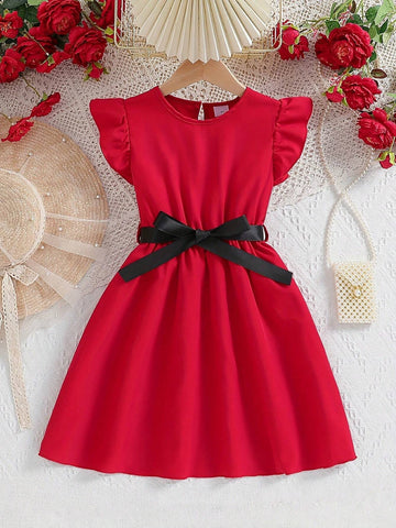 Fashionable Red Flying Sleeve Dress With Vest For Toddler Girls, Suitable For Summer And Daily Wear