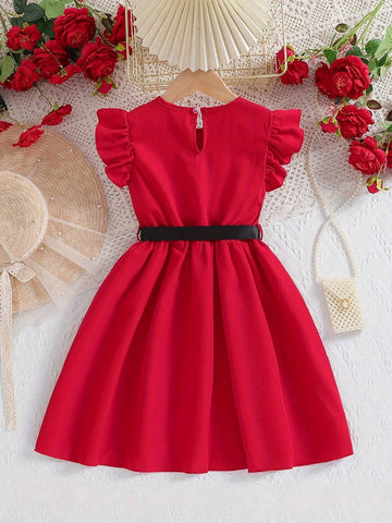 Fashionable Red Flying Sleeve Dress With Vest For Toddler Girls, Suitable For Summer And Daily Wear