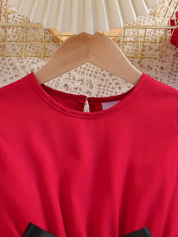 Fashionable Red Flying Sleeve Dress With Vest For Toddler Girls, Suitable For Summer And Daily Wear